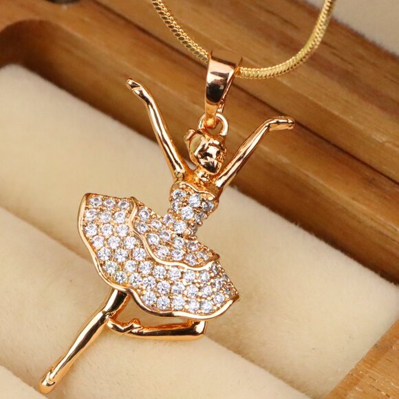 "Elegant Ballerina Rose Gold Pendant with CZ Stones, XPPT1259 - Picture 1 of 13